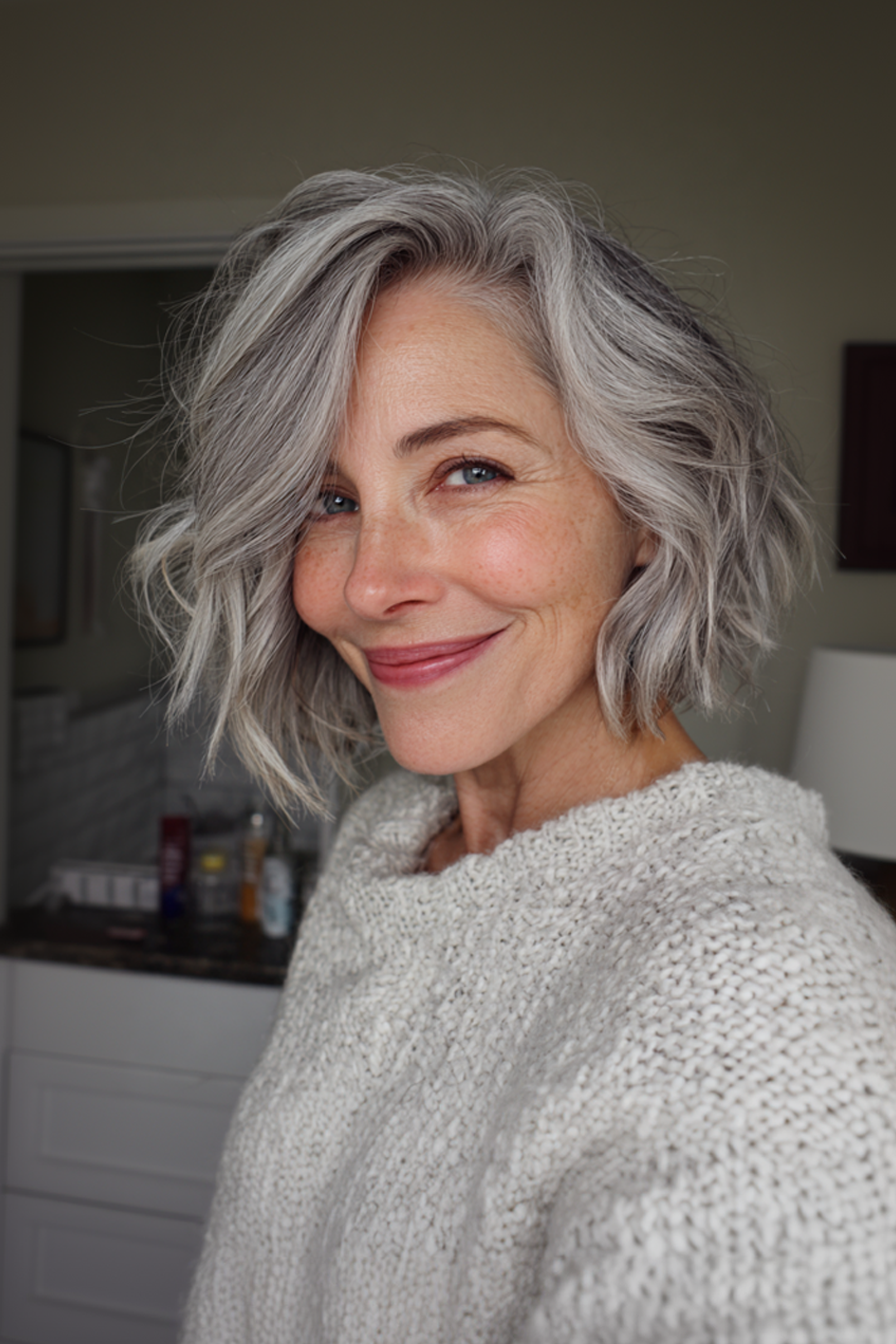 1. Silberstrukturierter Bob (Frisuren für ältere Frauen mit welligem Haar) - Frisuren für ältere Frauen mit welligem Haar