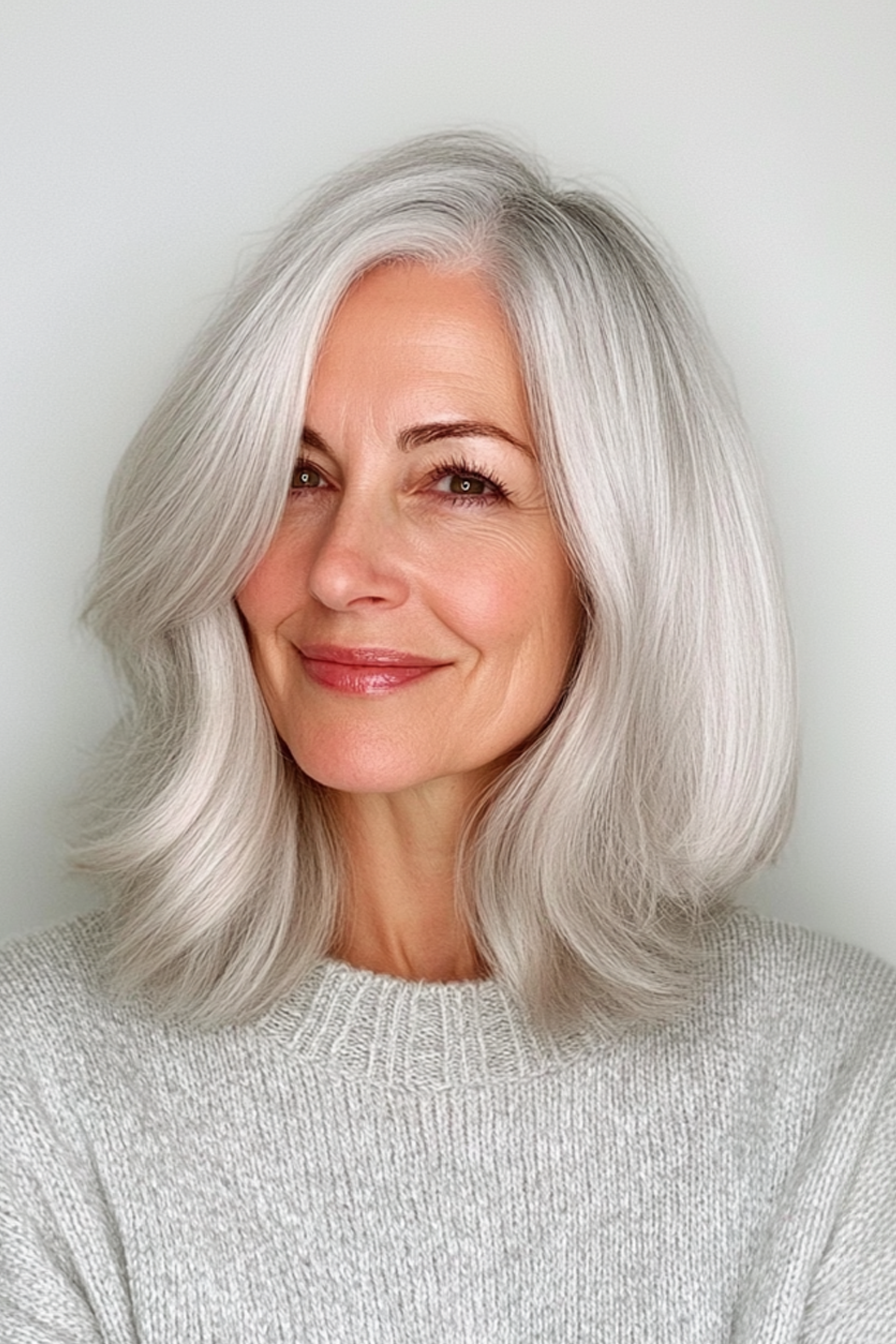 1. Silber gefiedertes Lob (mittelgroße Haarschnitte für Frauen über 60) - Haarschnitte mit mittlerer Länge für Frauen über 60