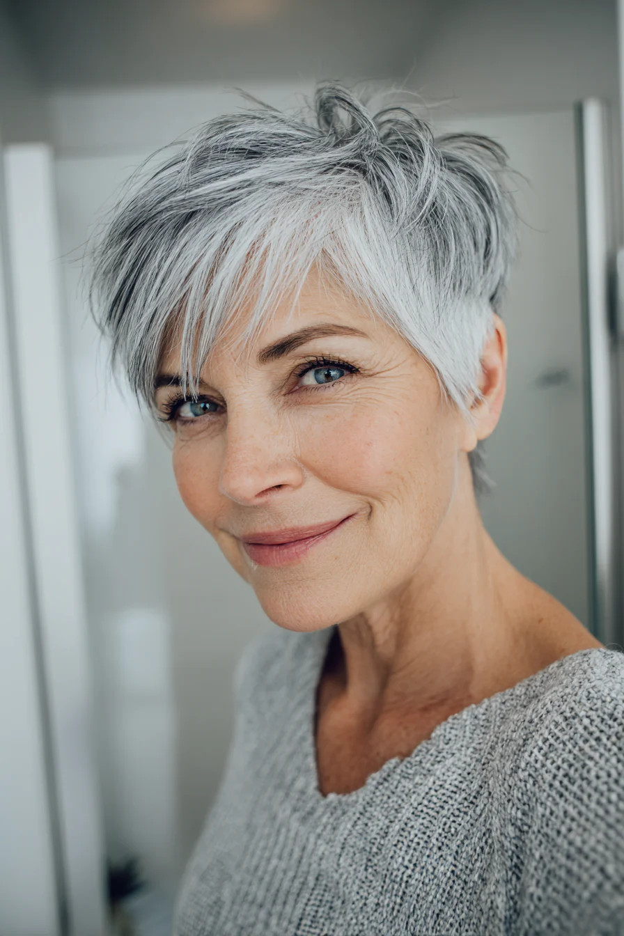1. Silver Textured Pixie (Kurzhaarschnitte für ältere Frauen über 60 mit feinem Haar) – Kurzhaarschnitte für ältere Frauen über 60 mit feinem Haar