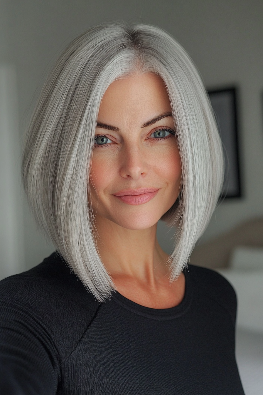 1. Sleek Silver Inverted Bob (umgekehrte Bob -Haarschnitte für ältere Frauen) - Umgekehrte Bob -Haarschnitte für ältere Frauen