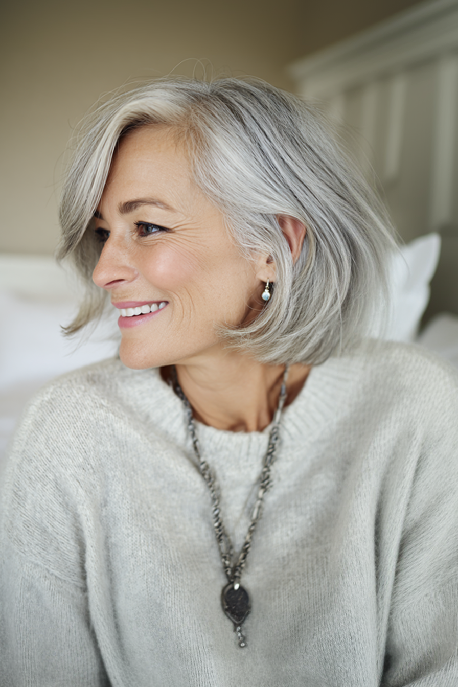 1. Weichschichtiger Bob in Silberblond (Kinnlänge Haarschnitte für ältere Frauen) - Kinnlänge Haarschnitte für ältere Frauen
