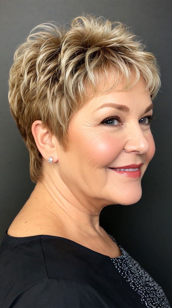 Textured Short Pixie Cut für Frauen über 60, Pixie -Haarschnitt für Frauen über 60, gefiederte Pixie -Frisuren für Frauen über 60