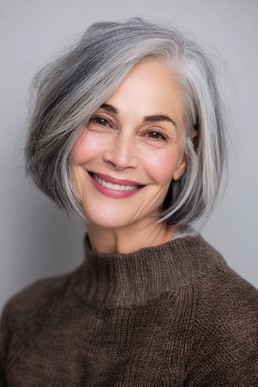10. Abgewinkelter Bob mit klassischem Grau (Mittellange Frisuren für Frauen über 60 mit feinem Haar) – Mittellange Frisuren für Frauen über 60 mit feinem Haar