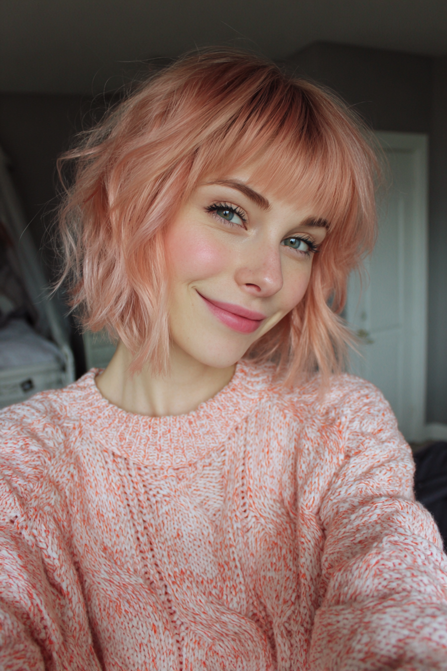 10. Abgled Bob mit Stückchen Pony in Roségold (kurze Bob -Frisuren mit Pony) - kurze Bob -Frisuren mit Pony