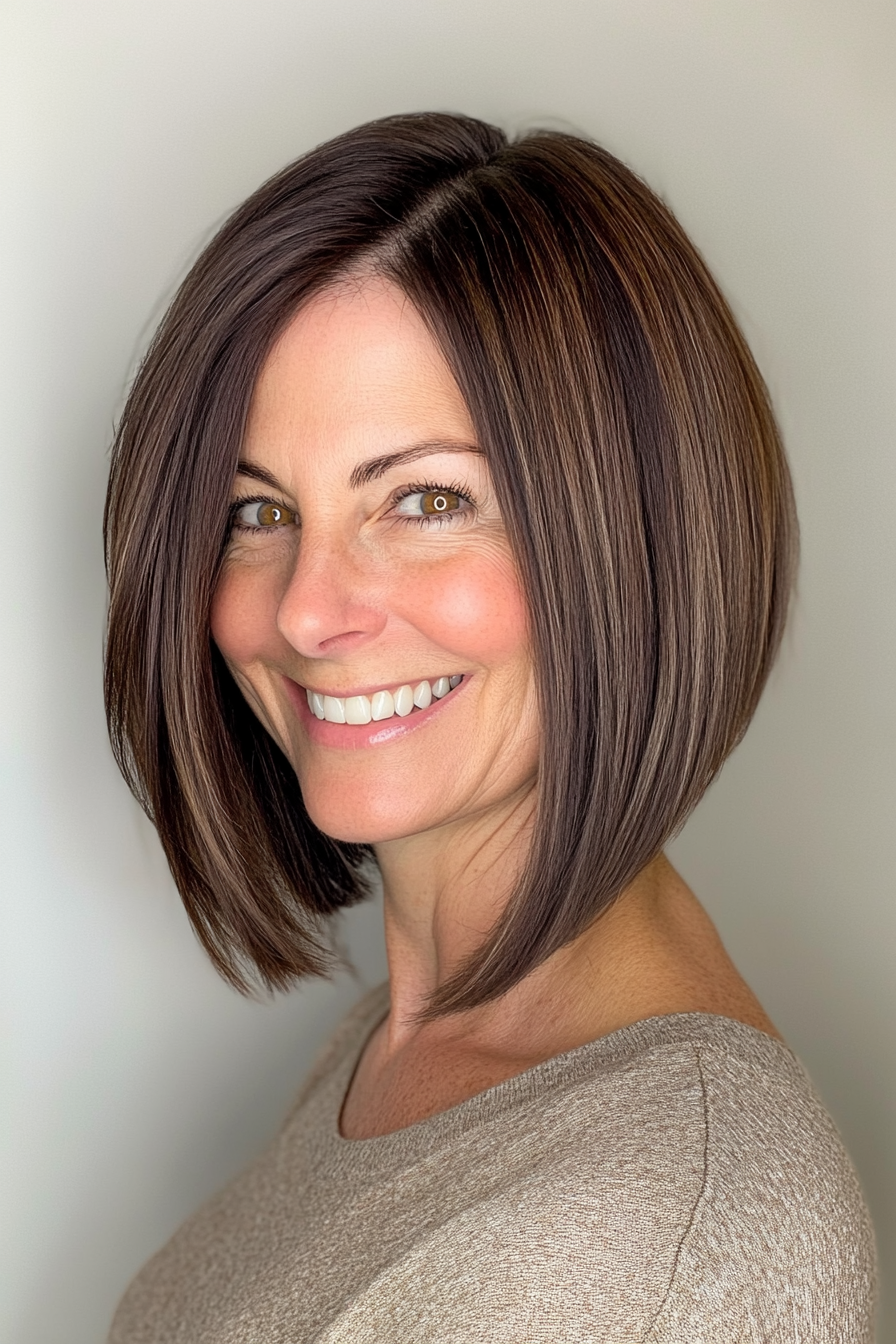 10. Abgled Bob mit warmer Brünette Glanz (trendige Frisuren für Frauen über 50) - Trendfrisuren für Frauen über 50