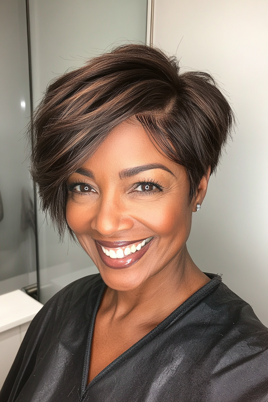 10. Asymmetrischer Pixie in natürlichem Dunkelbraun (Pixie-Haarschnitte für schwarze Frauen über 60) – Pixie-Haarschnitte für schwarze Frauen über 60