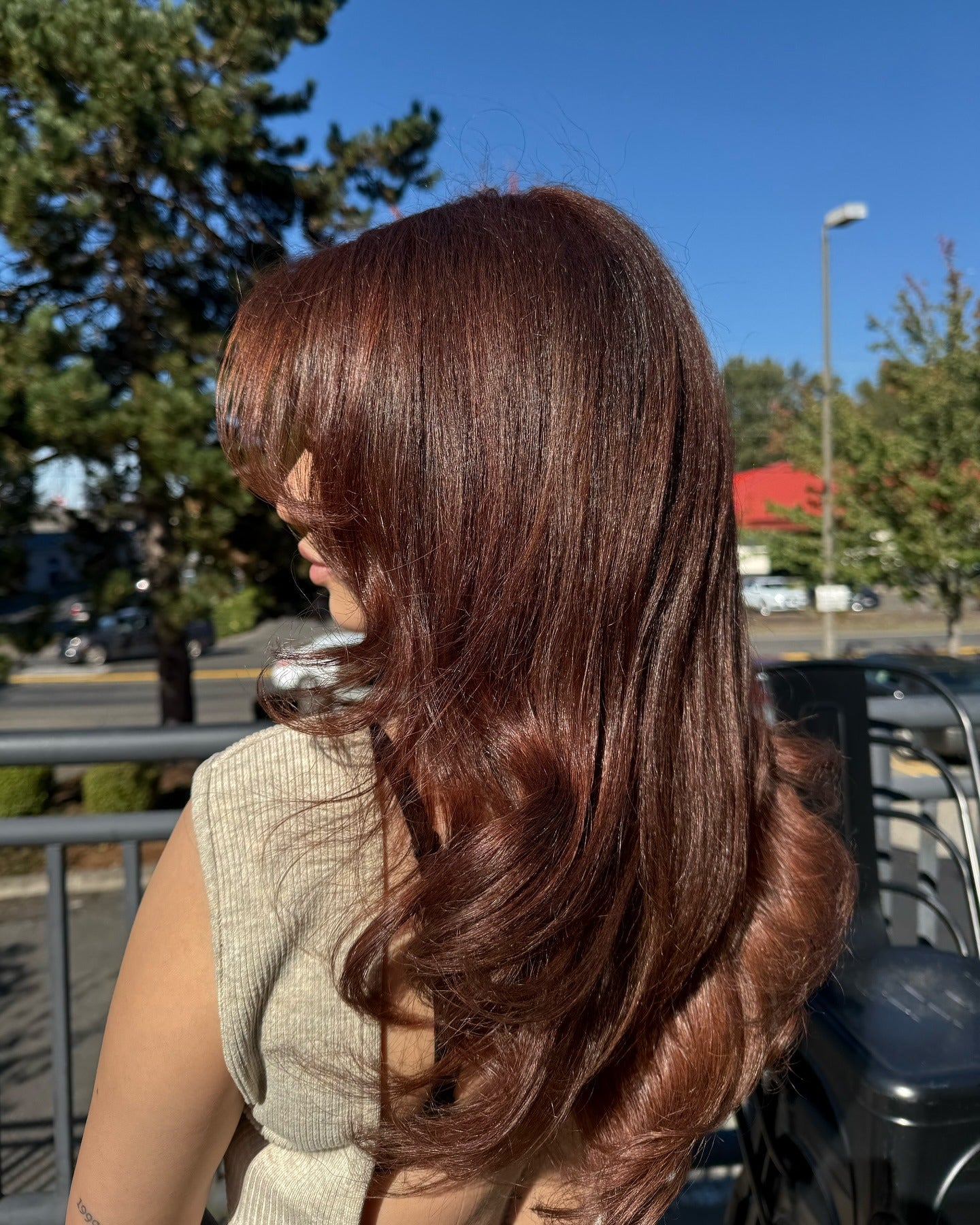 10. Auburn -Schichten mit sonnenbeschichteter Wärme (dunkler Auburn Haarfarbe)