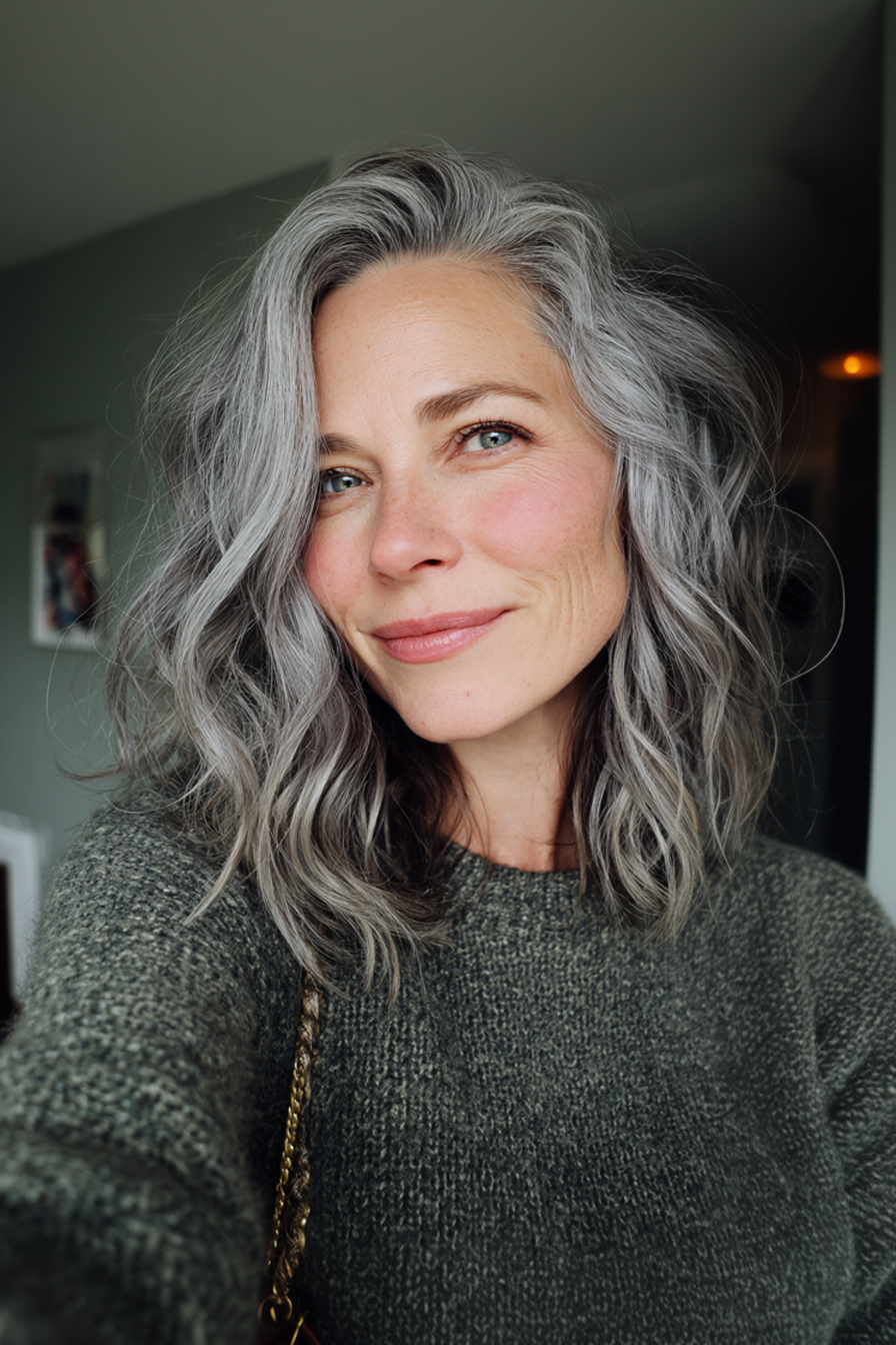 10. Blended Grey Beach Waves (wellige Frisuren für ältere Frauen) - Wellenfrisuren für ältere Frauen