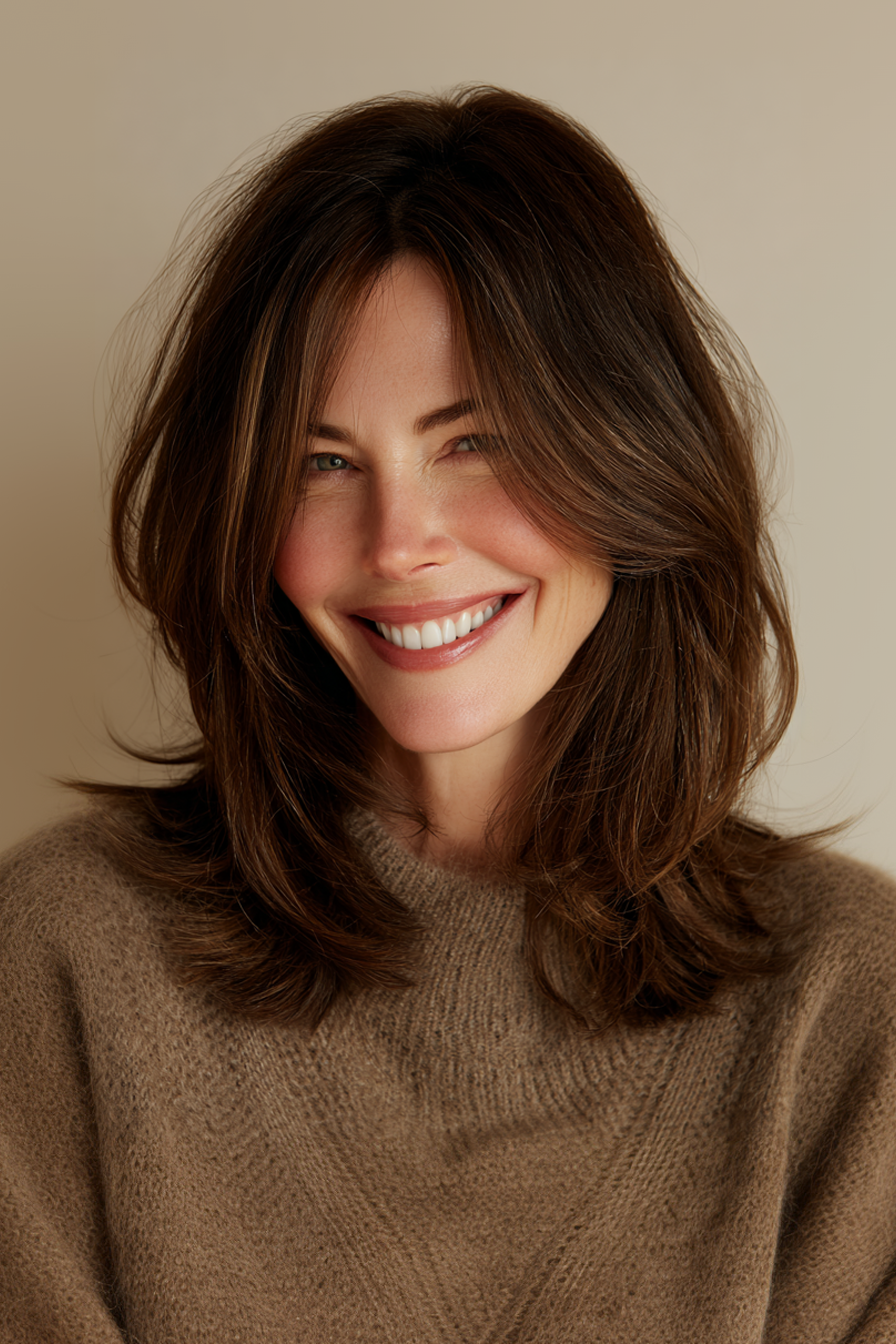 10. Stumpfe Enden mit subtilen Schichten in Espresso -Braun (mittelgroße Geschichtfrisuren für Frauen über 40) - mittelgroße Geschichtfrisuren für Frauen über 40