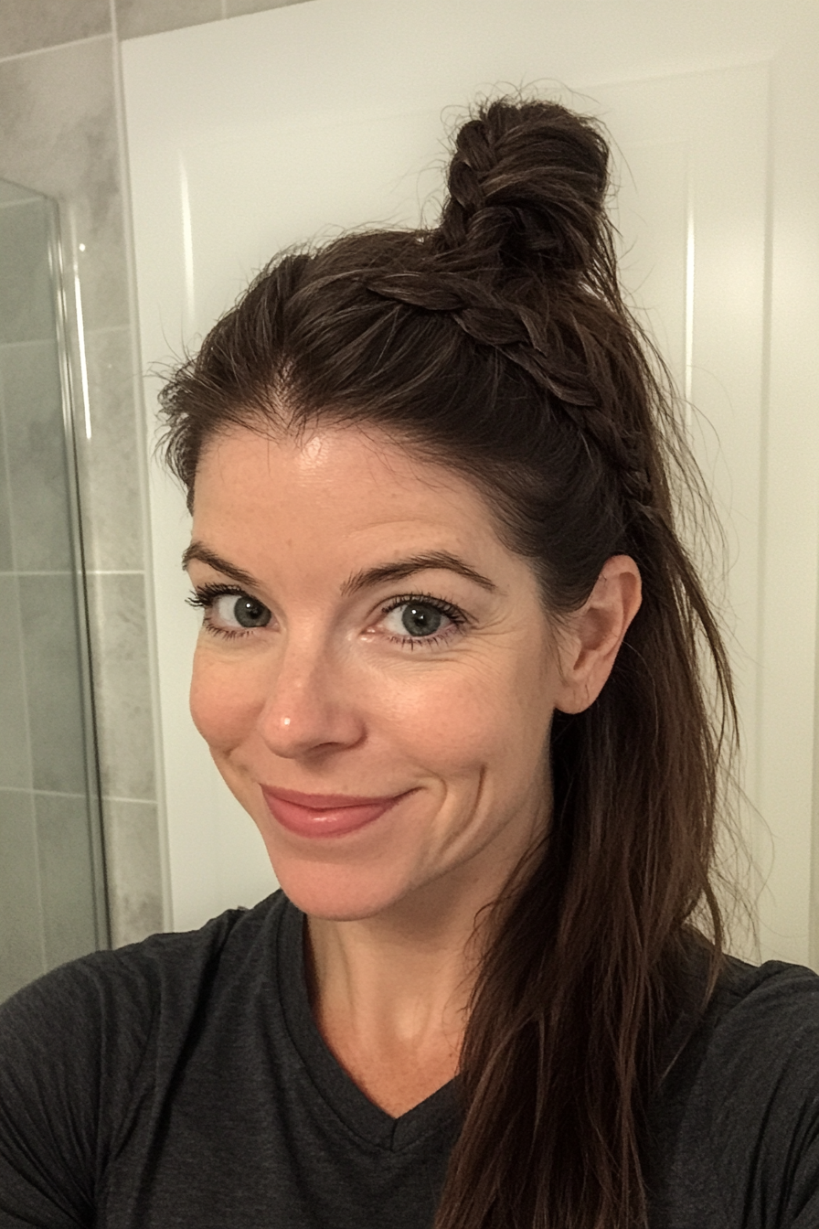 10. geflochtener Basis -Pferdeschwanz in kühlem Dunkelbraun (Pferdeschwanzfrisuren Frauen über 40) - Pferdeschwanzfrisuren Frauen über 40