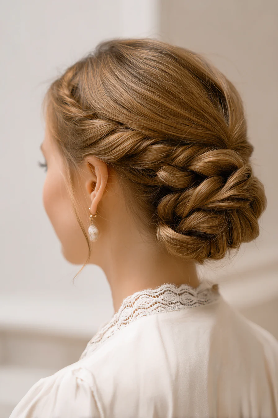10. Geflochtener niedriger Dutt in sanftem Aschbraun (Brautfrisuren) – Brautfrisuren