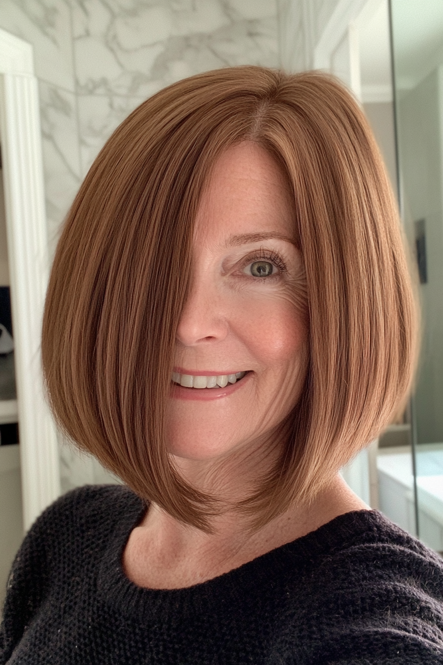 10. Karamell -tönte stumpfe Bob mit nach innen gerissenen Enden (stumpfe Haarschnitte für Frauen über 60) - Stumpfe Haarschnitte für Frauen über 60