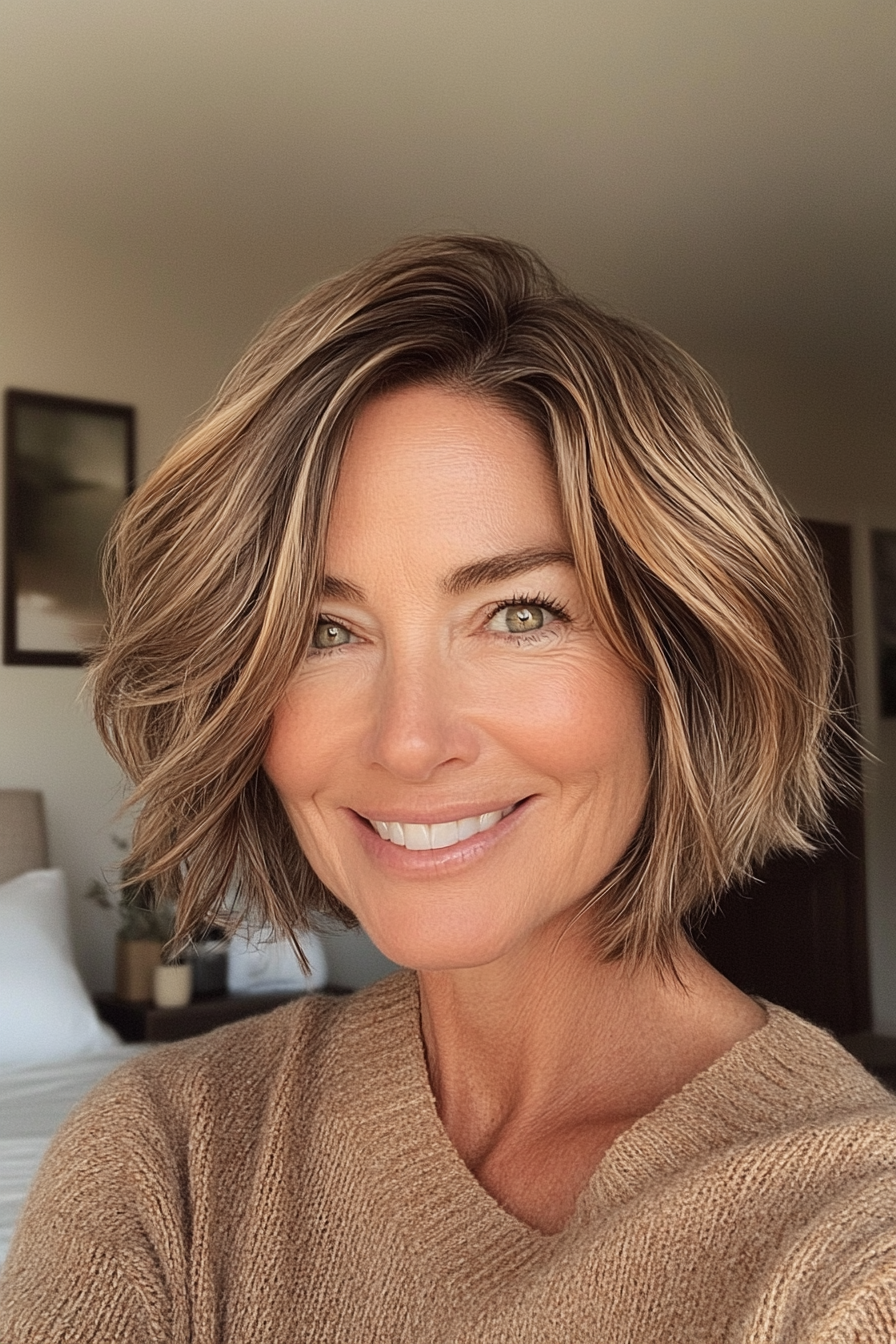 10. Karamell -Highlights zerzaustes Bob (kurze Haarschnitte für Frauen über 60 mit feinem dünnem Haar) - kurze Haarschnitte für Frauen über 60 mit feinem dünnem Haar