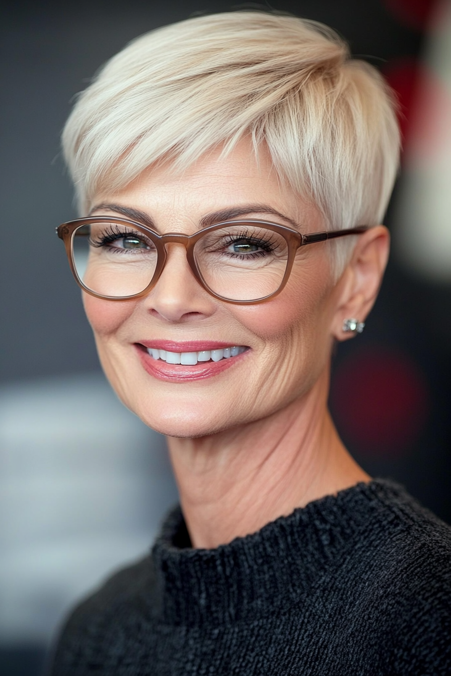 10. Champagnerblonder klassischer Pixie (Pixie-Haarschnitte für Frauen über 60 mit Brille) – Pixie-Haarschnitte für Frauen über 60 mit Brille