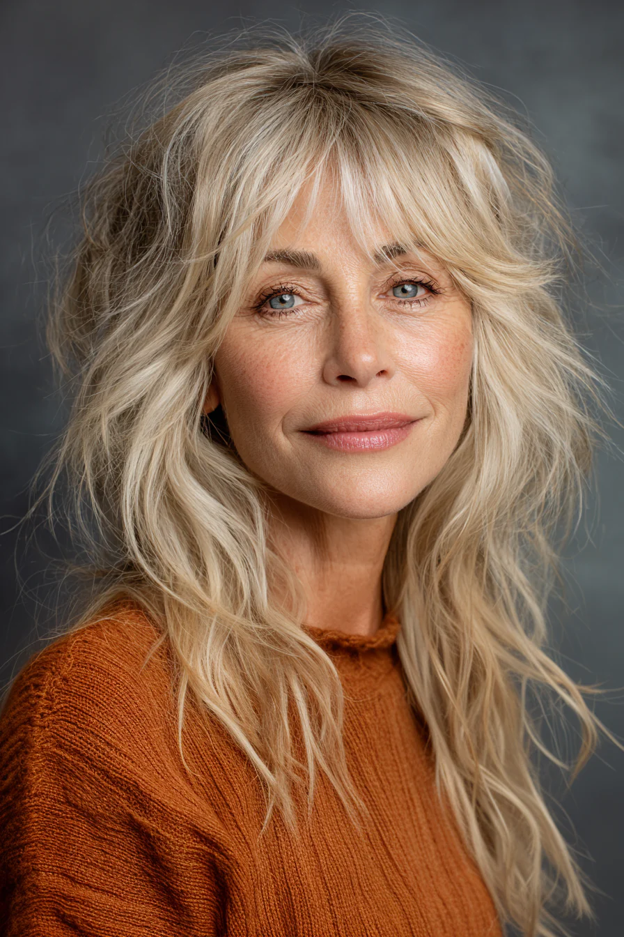 10. Champagnerblonder Shag mit abgewinkelten Schichten (Long Shag-Frisuren für Frauen über 50) – Long Shag-Frisuren für Frauen über 50
