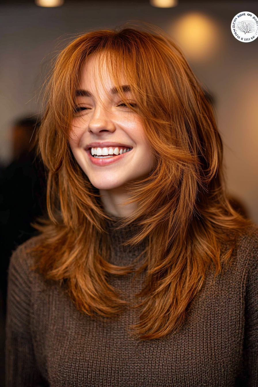 10. abgehackte Vorhang Pony auf goldener Kastanie (abgehackte geschichtete Frisuren) - abgehackte, geschichtete Frisuren