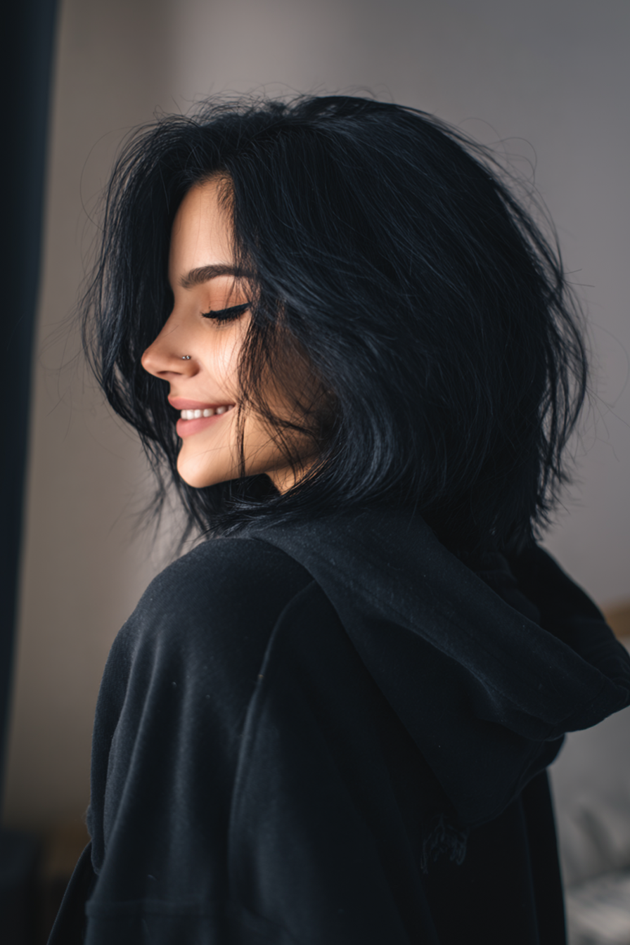 10. abgehackte Schichten mit Jetschwarz (geschichtete Frisuren) - geschichtete Frisuren