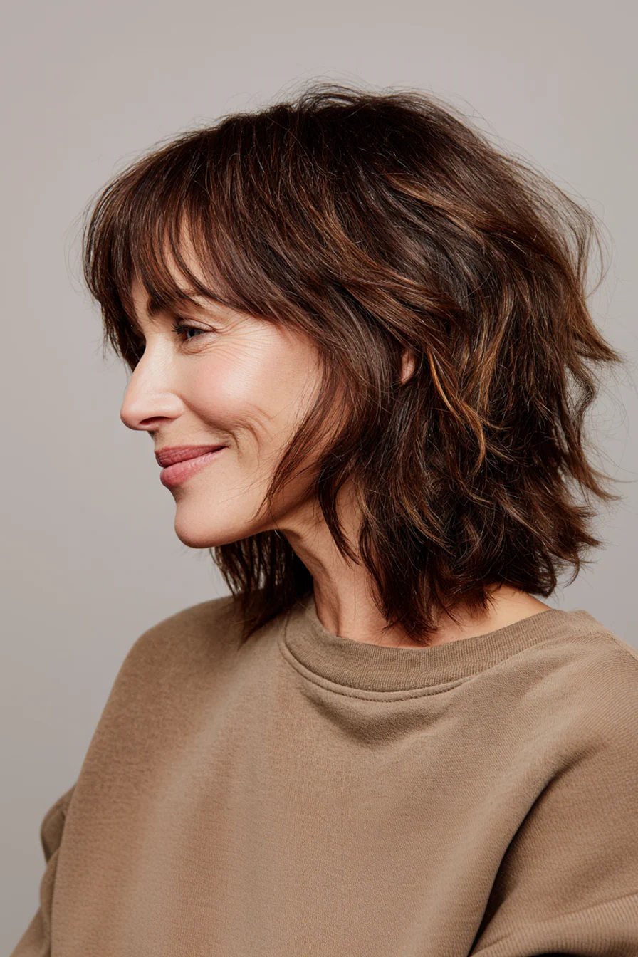 10. Abgehackter Schulterschnitt mit strukturiertem Pony in warmem Kastanienbraun (Bang-Haarschnitte für ältere Frauen) – Bang-Haarschnitte für ältere Frauen