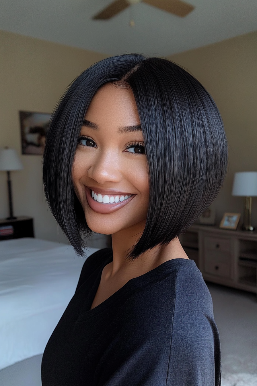 10. Classic Black Tapered Bob (abgewinkelte geschichtete Bob -Haarschnitte) - abgewinkelte geschichtete Bob -Haarschnitte