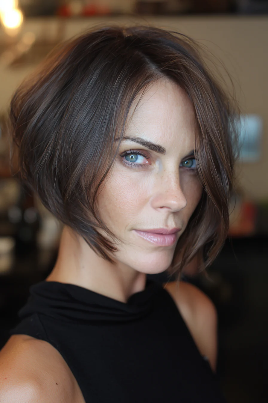 10. Cooler brünett asymmetrischer Bob (Kurzhaarfrisuren für Frauen über 40 mit dünnem Haar) – Kurzhaarfrisuren für Frauen über 40 mit dünnem Haar