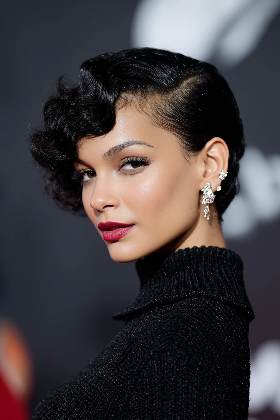 10. Lockige Fingerwellen (Jet Black) (Kurze gewellte Frisuren für Frauen über 40) – Kurze gewellte Frisuren für Frauen über 40