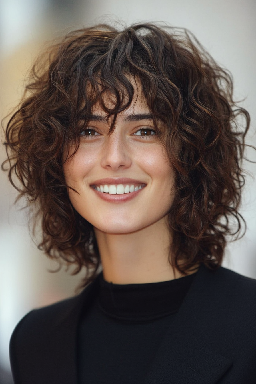 10. Curly Shag mit dunkler Kastanie (mittelgroße Haarschnitte für krauses Haar) - mittelgroße Haarschnitte für krauses Haar