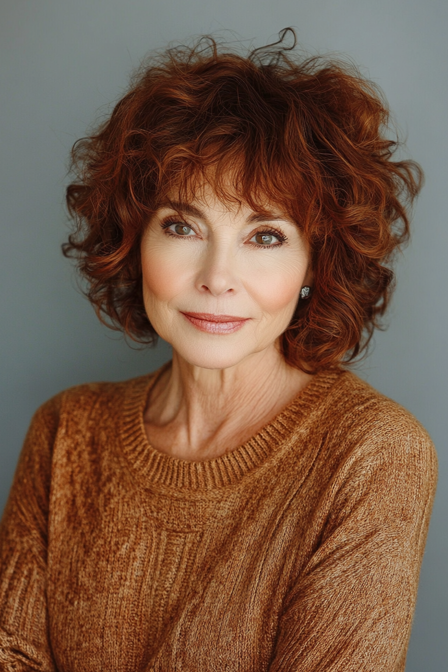 10. Curly Shag mit weichen Pony im Zimtkupfer (Haarschnitte für Frauen über 60 mit Pony) - Haarschnitte für Frauen über 60 mit Pony