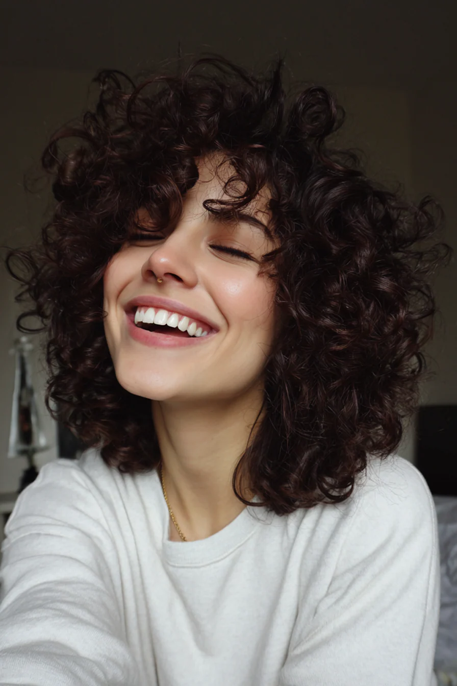 10. Lockiger schulterlanger Schnitt mit Kronenvolumen in dunklem Mahagoni (Mittellange Haarschnitte für lockiges Haar) – Mittellange Haarschnitte für lockiges Haar