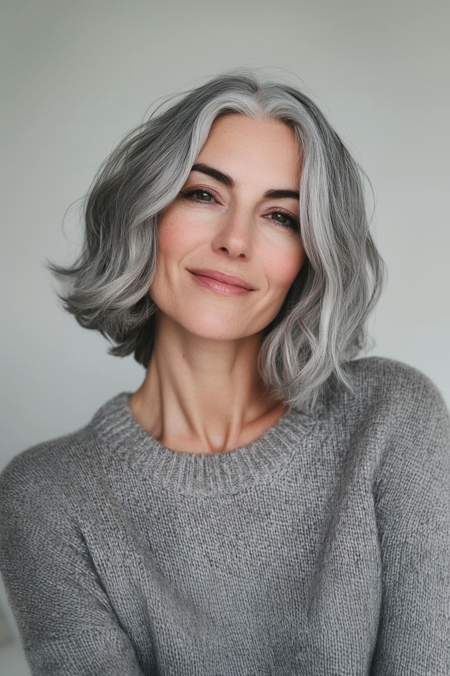 10. Ohrenlange wellige Ernte in Holzkohlegrau (Frisuren für ältere Frauen mit grauem Haar) - Frisuren für ältere Frauen mit grauem Haar