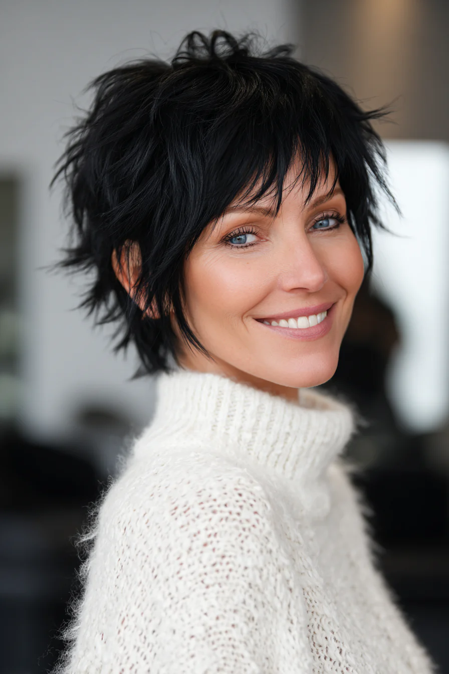 10. Edgy Short Shag mit tiefschwarzem Glanz (Zottelige Haarschnitte für Frauen über 40) – Zottelige Haarschnitte für Frauen über 40