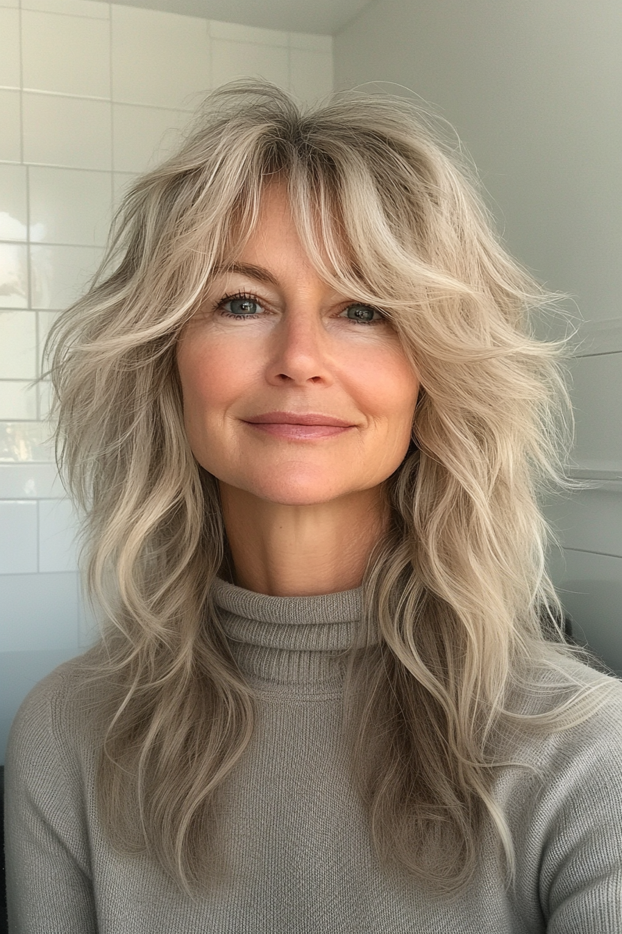 10. Fransen Shag mit Honigblondontönung (zottelige Geschichtsfrisuren für Frauen über 50) - Shaggy Hage Frisuren für Frauen über 50