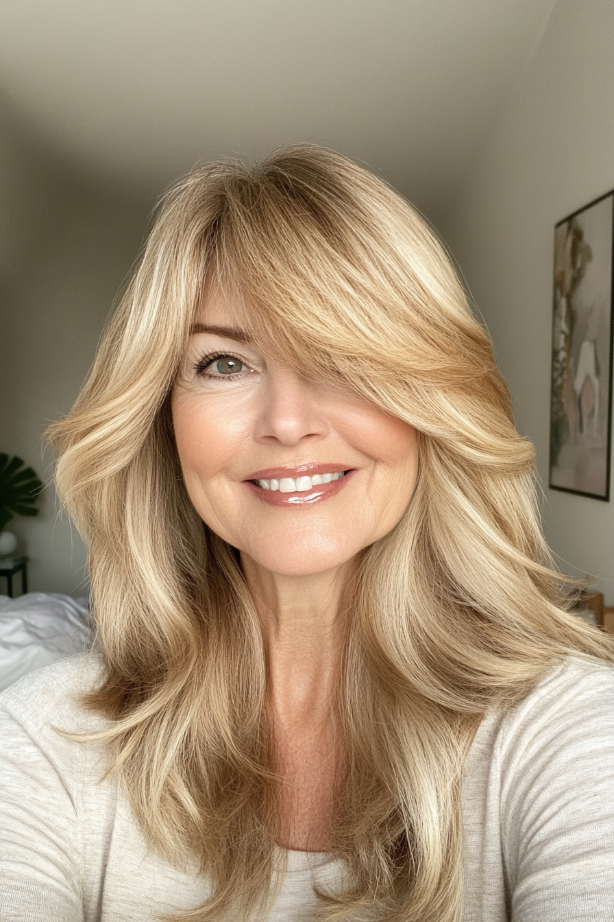 10. Golden Blonde Shag mit langen Seiten Pony (Shag Frisuren für Frauen über 60) - Shag -Frisuren für Frauen über 60
