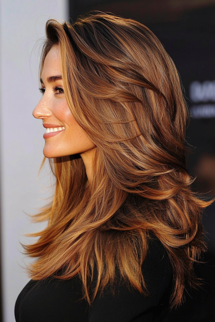 10. Honigbraun V -Cut -Schichten (lang geschichtete Haarschnitte) - lang geschichtete Haarschnitte