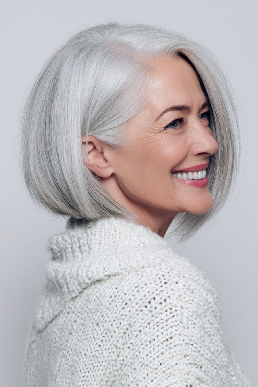 10. Umgekehrter geschichtter Bob mit eisiger silberner Mischung (kurze Bob -Haarschnitte für Frauen über 50) - kurze Schichthaarschnitte für Frauen über 50