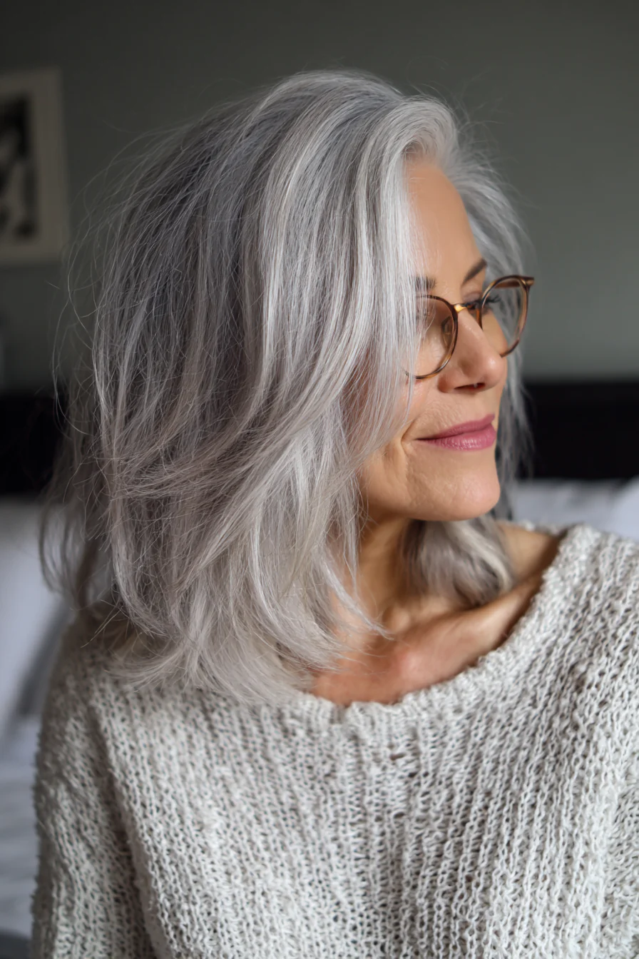 10. Layered Silver Lob mit weichen Fransen (Frisuren für ältere Frauen mit Brille) – Frisuren für ältere Frauen mit Brille