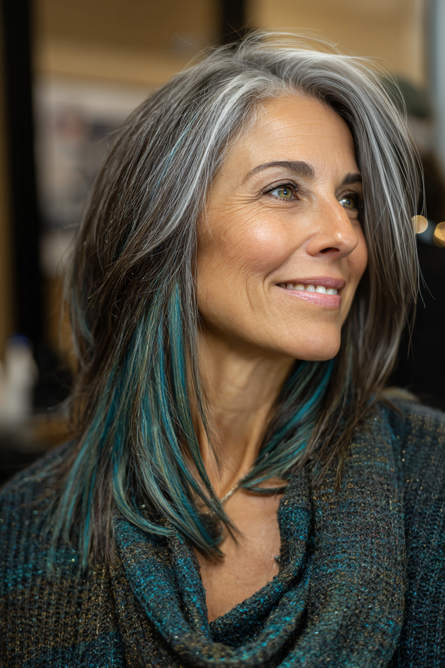 10. Langschicht geschnitten mit blaugrünen Highlights (funky Haarschnitte für ältere Frauen) - Funky Haarschnitte für ältere Frauen