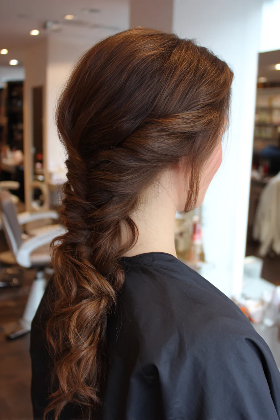10. Lockerer Fischschwanzzopf in zartem Kastanienbraun (Brautjungfernfrisuren) – Brautjungfernfrisuren