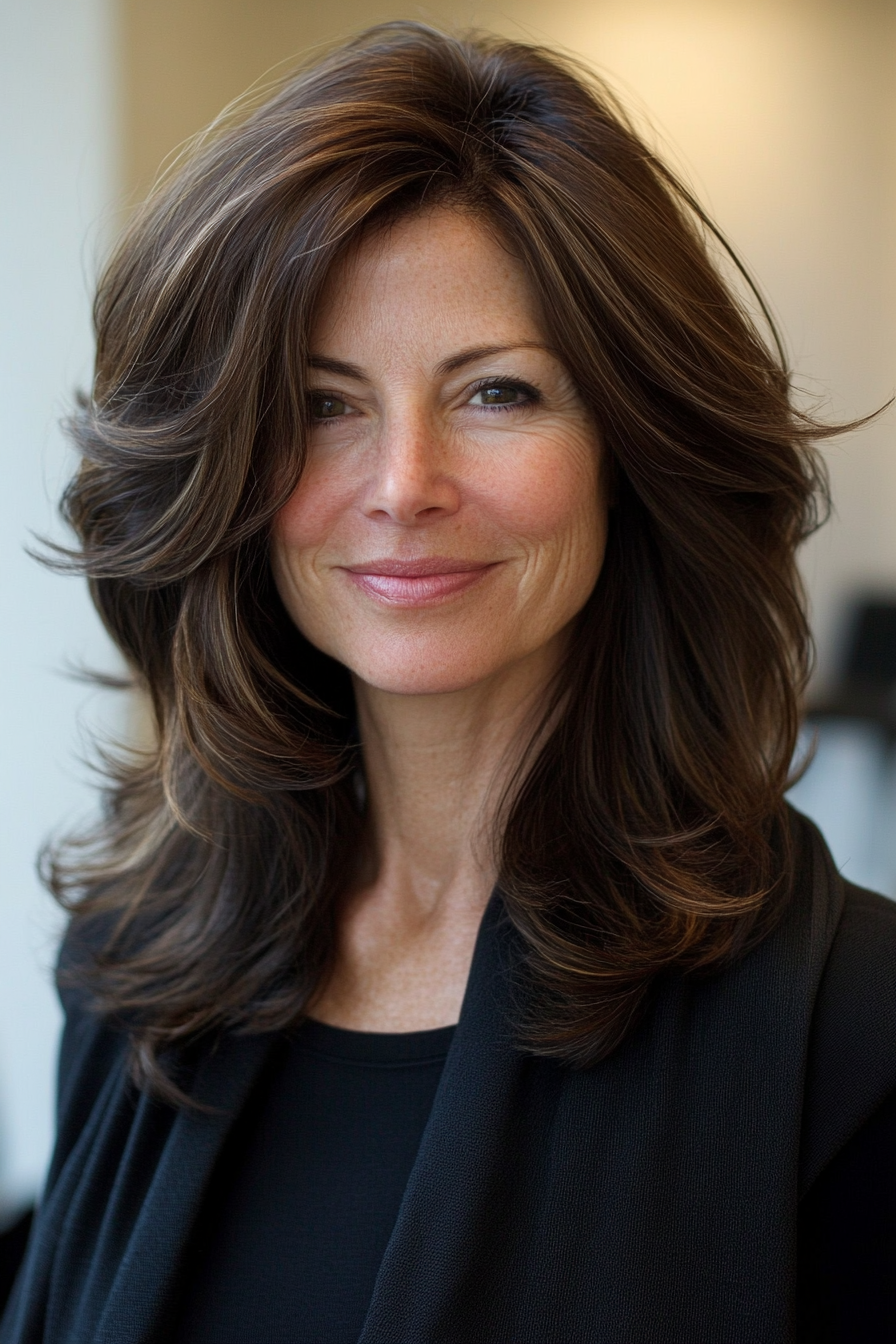 10. Mittellange Schichten in reichhaltiger Mokka (Hüftfrisuren für Frauen über 50) - Hüftfrisuren für Frauen über 50