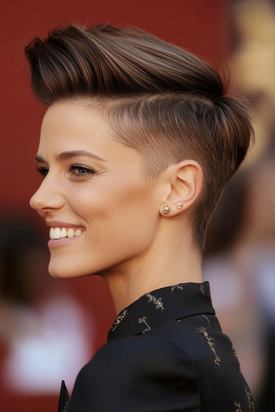 10. mittelbrauner Faux Hawk mit Seitenverjüngung (Faux Hawk -Haarschnitte für Frauen) - Faux Hawk Haircuts für Frauen