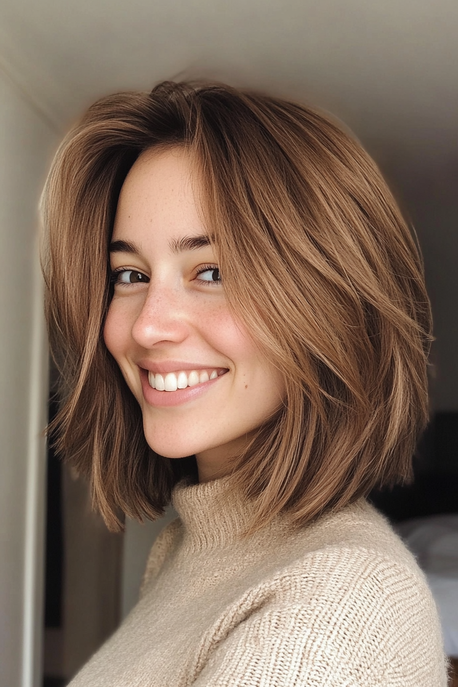 10. Mittel, abgehackt mit subtilen Schichten in hellbraunen (abgehackten Haarschnitten) - abgehackte Haarschnitte