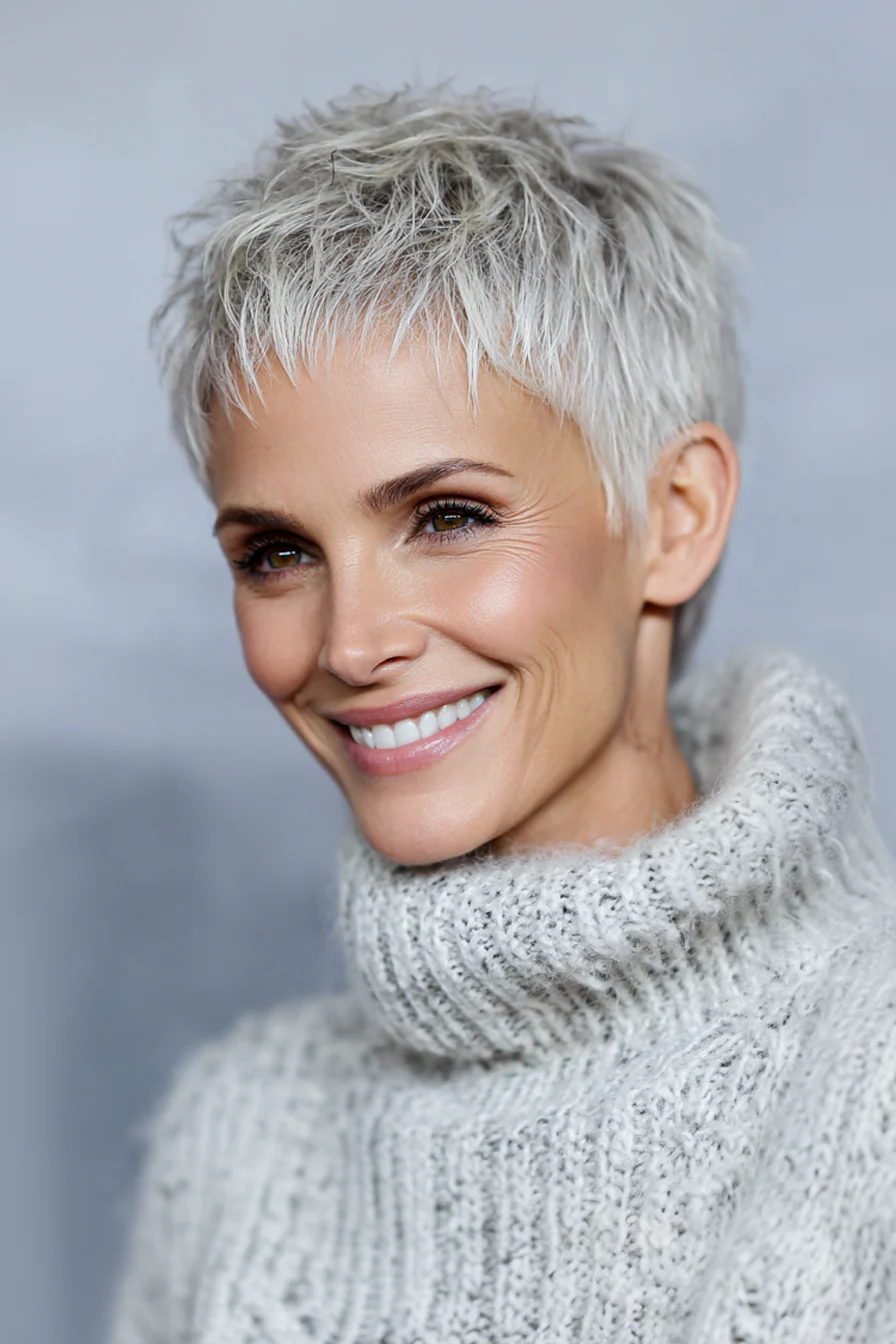 10. Micro Pixie in Platinum Cream (Kurzhaarschnitte für Frauen über 40 mit feinem Haar) – Kurzhaarschnitte für Frauen über 40 mit feinem Haar