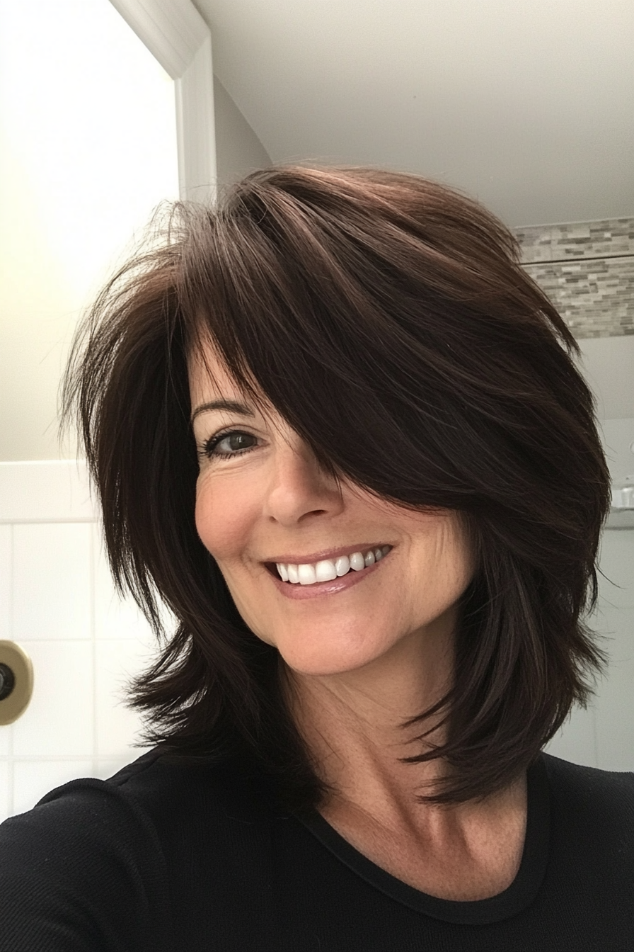 10. Mittellange dunkle Schokoladenshag (zottelige Frisuren für Frauen über 50) - Shaggy Frisuren für Frauen über 50