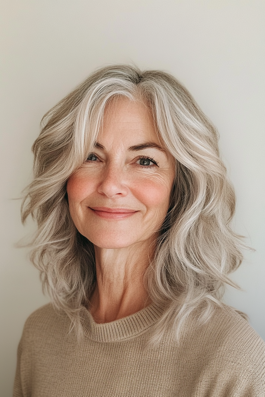 10. Mittellänge Shag in sandigen Blonden (Haarschnitte für Frauen über 60 mit welligen Haaren) - Haarschnitte für Frauen über 60 mit welligen Haaren