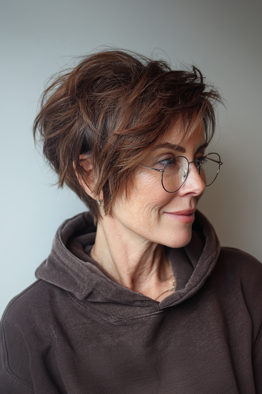 10. Mokka -geschichtete Rasiermesserschnitte (kurze Frisuren für Frauen über 50 mit Brillen) - kurze Frisuren für Frauen über 50 mit Brille
