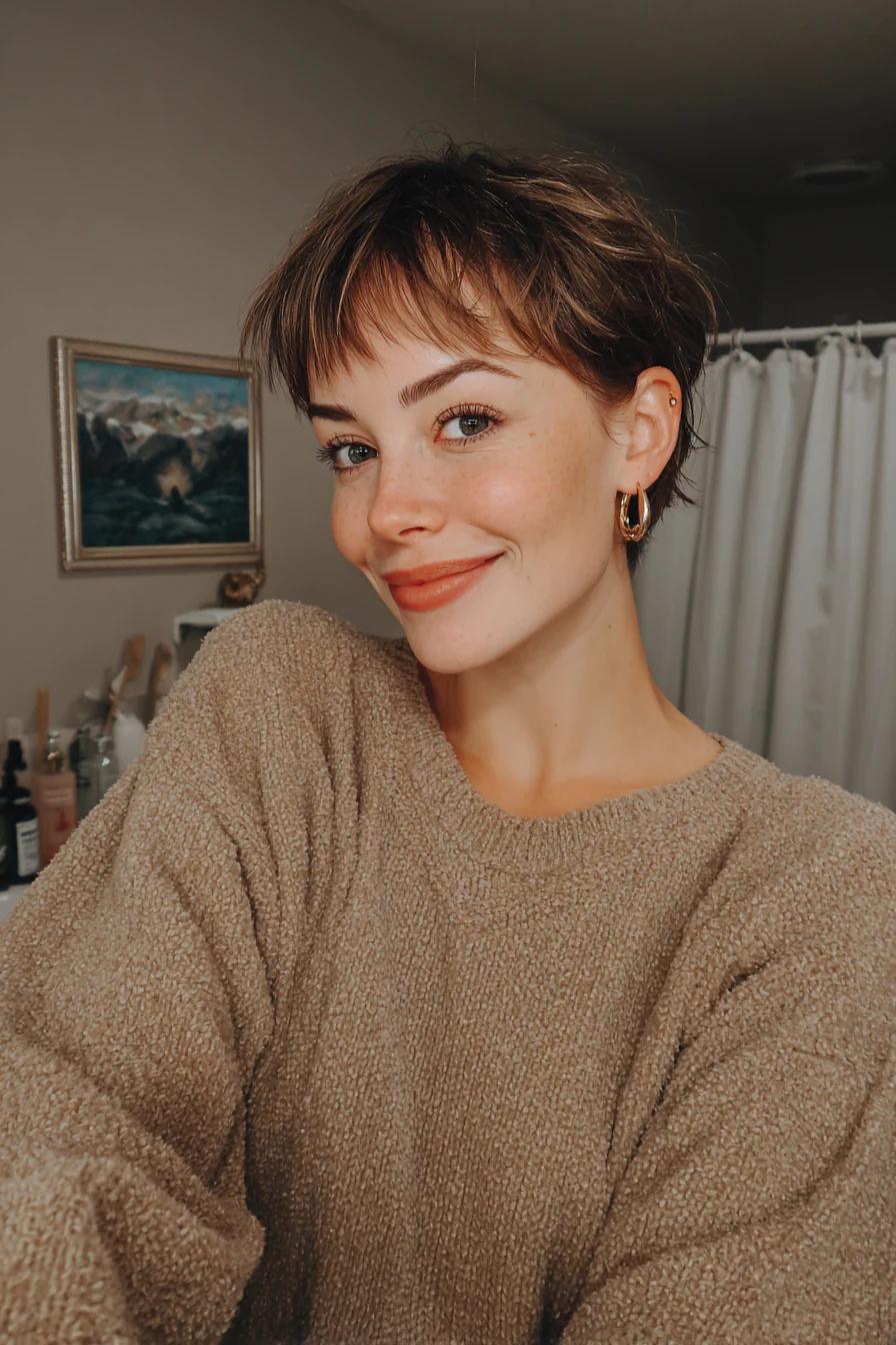 10. Gedämpfter kastanienbrauner Pixie mit Baby-Pony (kurze Pixie-Frisuren) – Kurze Pixie-Frisuren