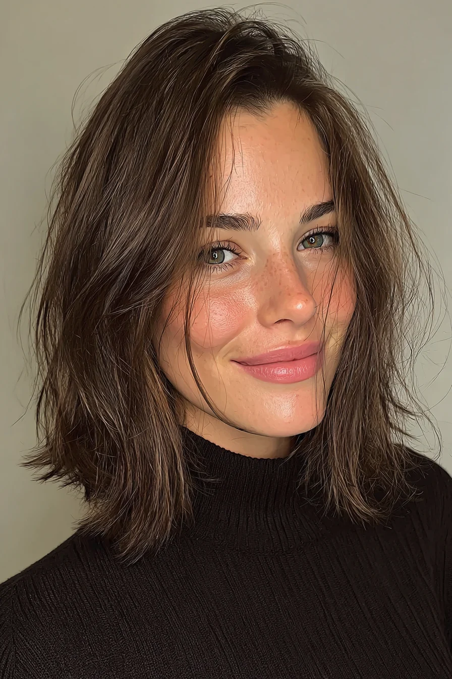 10. Natürlicher brauner Schlüsselbein-Bob (schulterlange Frisuren für dickes Haar) – Schulterlange Frisuren für dickes Haar