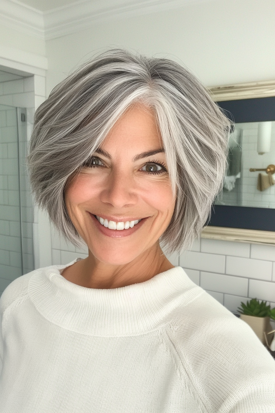10. Natural Grey Layered Bixie (Hochzeitsfrisuren für ältere Frauen) - Hochzeitsfrisuren für ältere Frauen