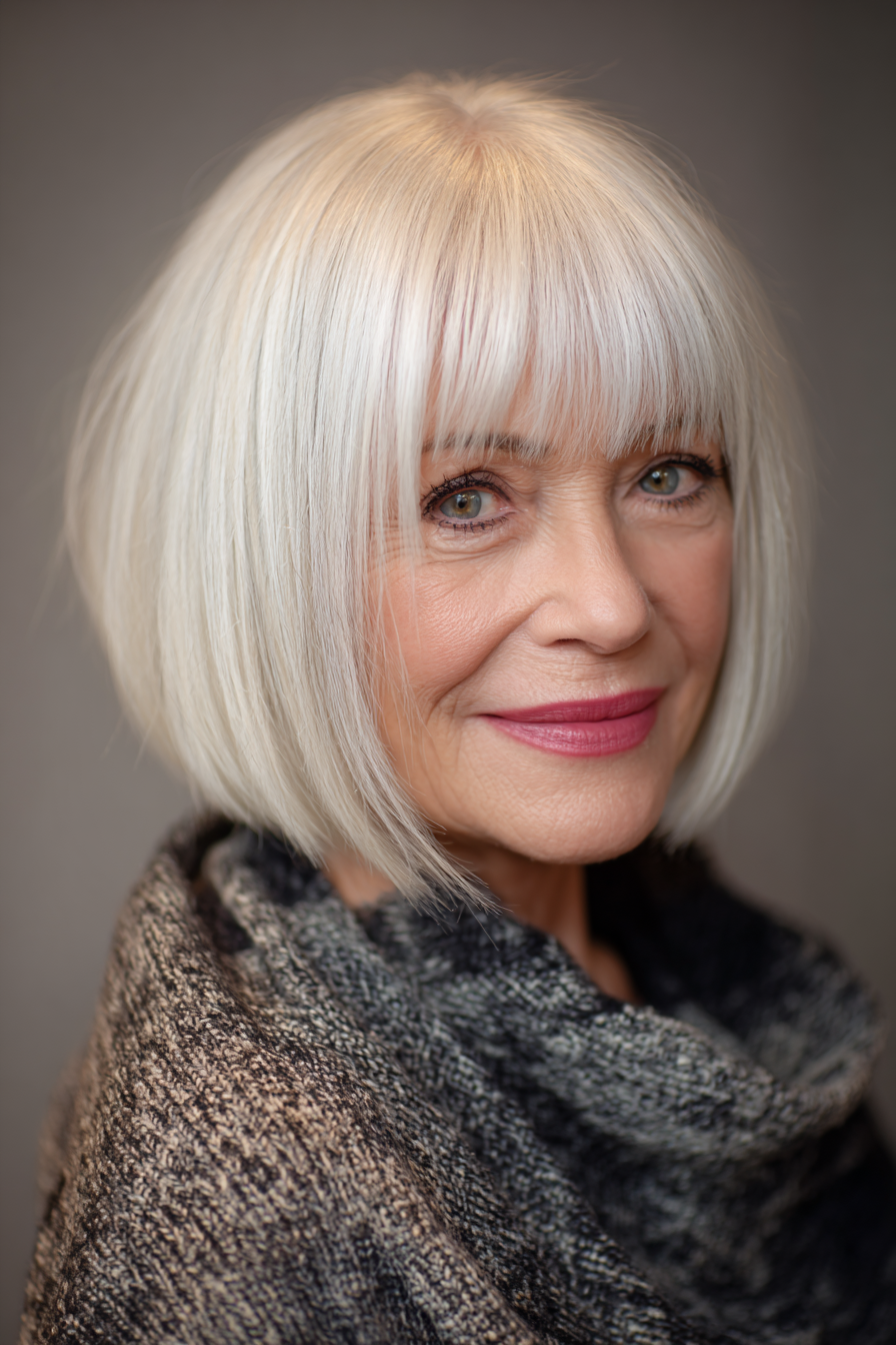 10. Oyster Blonde Classic Bob mit Pony (Weiße Frisuren für Frauen über 50) – Weiße Frisuren für Frauen über 50