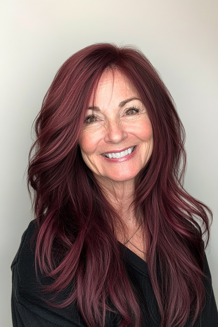 10. Reiche Burgunderschichten (lang geschichtete Haarschnitte für ältere Frauen) - lang geschichtete Haarschnitte für ältere Frauen