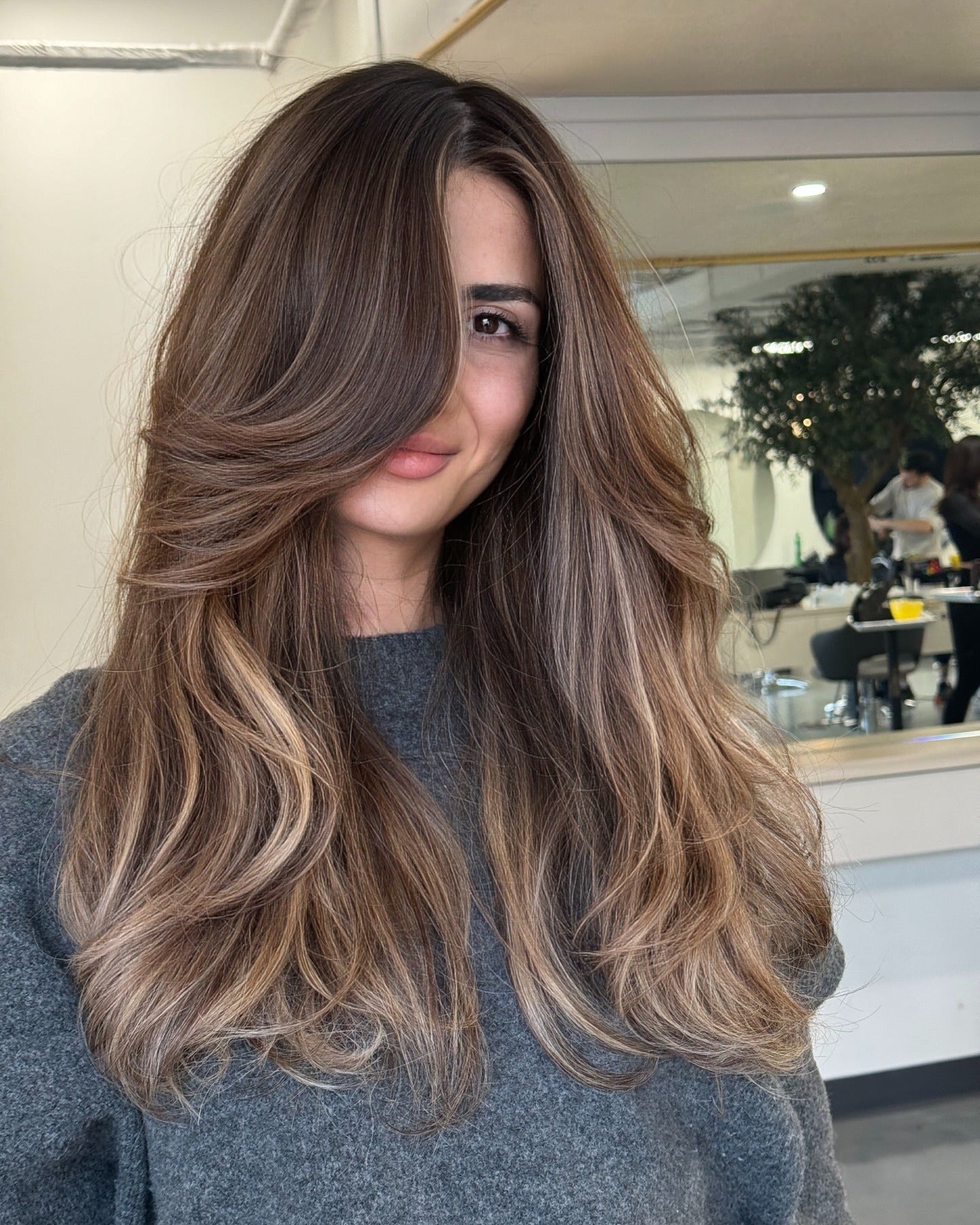 10. reiches Kakaobraun mit gefiedertem Balayage (hellbraunes Haar mit Highlights)